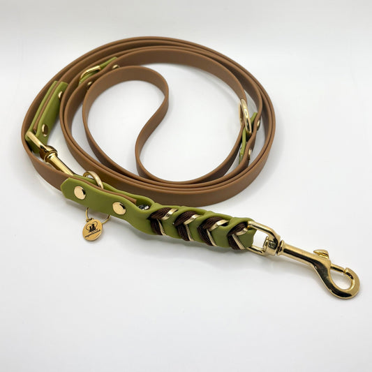 Hundeleine „Velia Goldline“ – Olivgrün & Karamell (3-fach verstellbar)