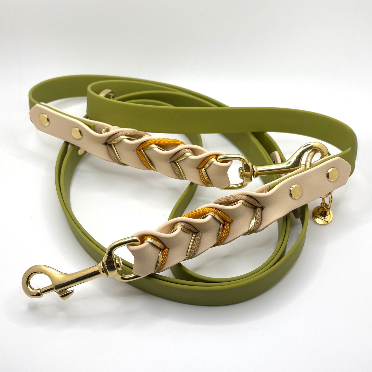Hundeleine „Velia Goldline“ – Olivgrün & Creme (3-fach verstellbar)
