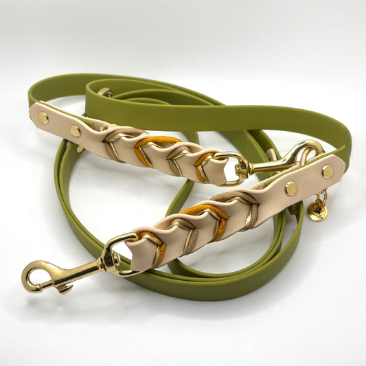 Hundeleine „Velia Goldline“ – Olivgrün & Creme (3-fach verstellbar)
