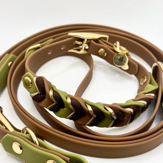 Halsband „Velia Goldline“ - Olivgrün & Karamell