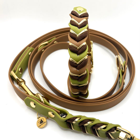 Halsband „Velia Goldline“ - Olivgrün & Karamell